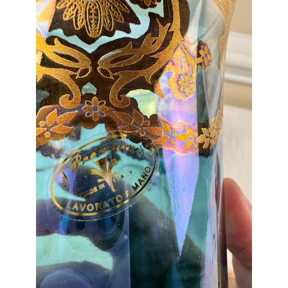 I Preziosi Italy Iridescent Blue Glass Pitcher & 2 Glasses 24K Gold Filigree Set